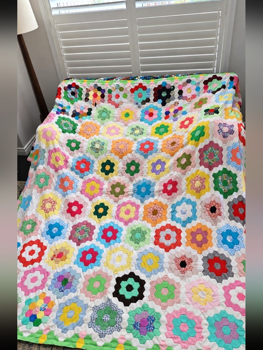 Vintage Handmade Grandmother's Flower Garden Quilt 98x98 Hexagon Patchwork